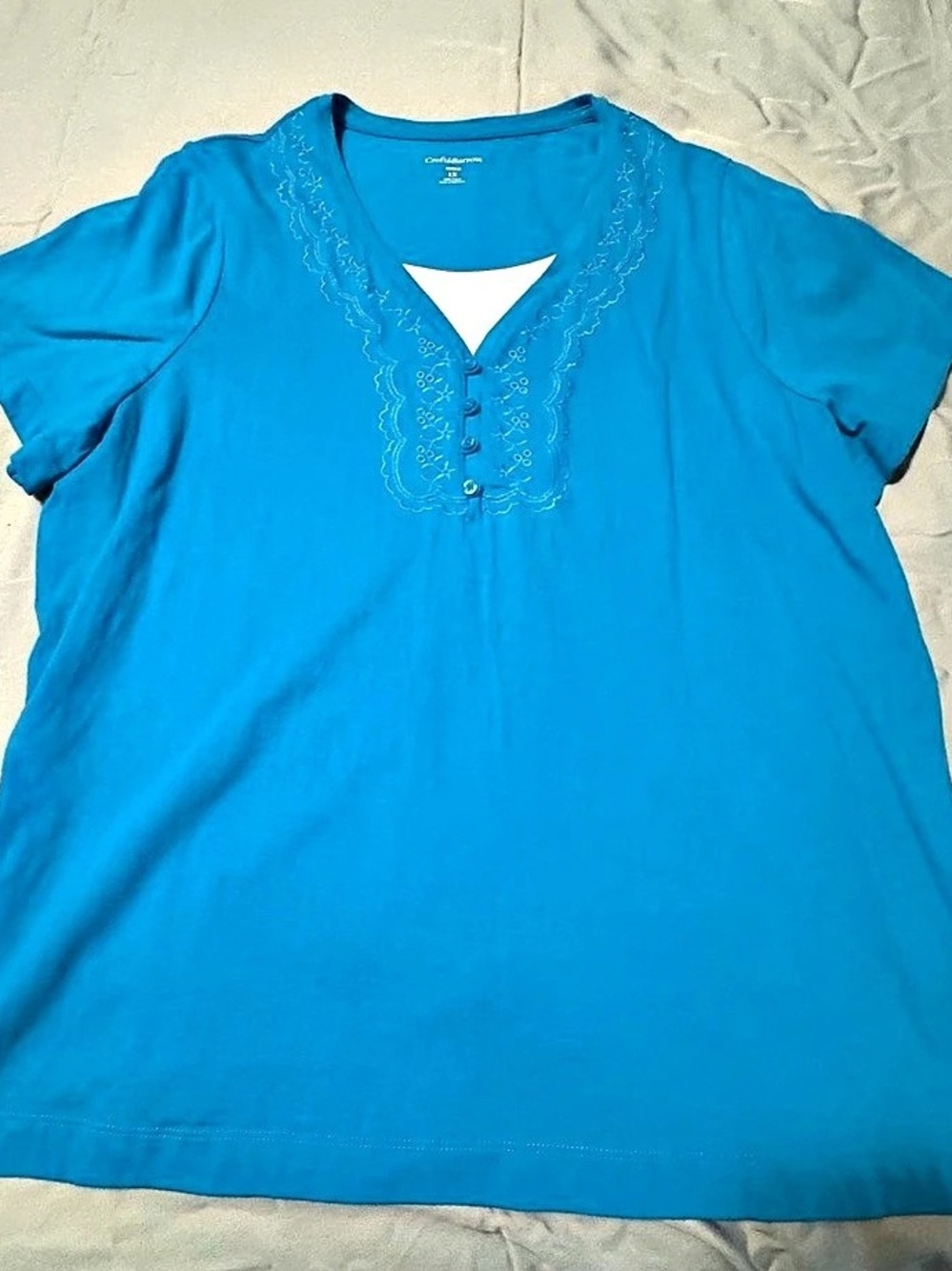 Croft & Barrow Woman 1X Turquoise Embroidered Cotton Henley Top